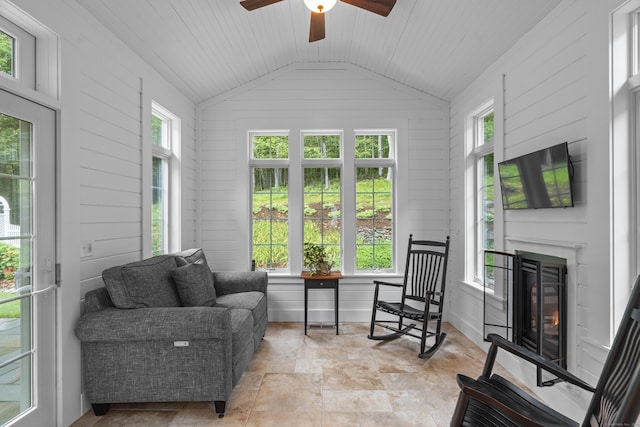 301 Fox Hopyard Rd, East Haddam, CT 06423 - sunroom featuring plenty of natural light, vaulted ceiling, stone finish floors, wood walls, and wooden ceiling