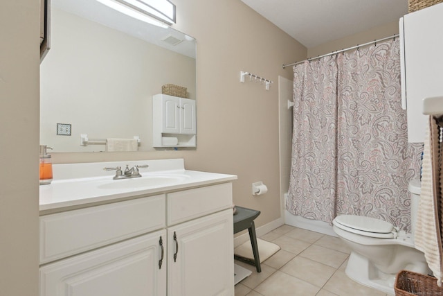 full bath with vanity, tile patterned flooring, shower / bath combination with curtain, toilet, and visible vents