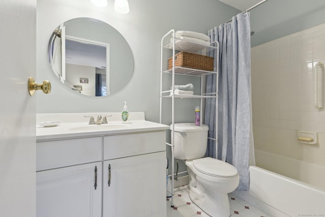 bathroom featuring toilet, vanity, and shower / tub combo with curtain