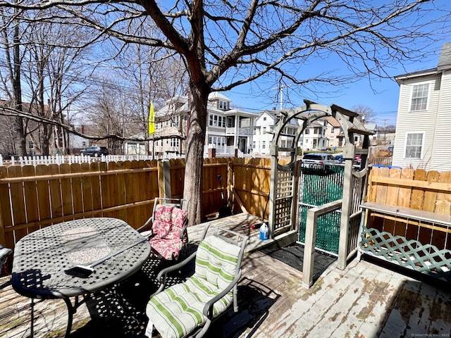 deck with a fenced backyard and a residential view