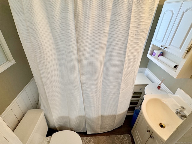 bathroom with a shower with curtain, toilet, and vanity