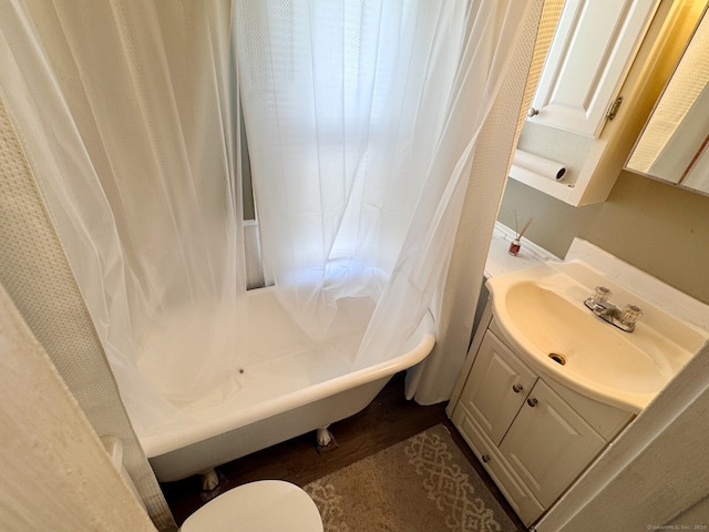 full bathroom with vanity and shower / bathtub combination with curtain