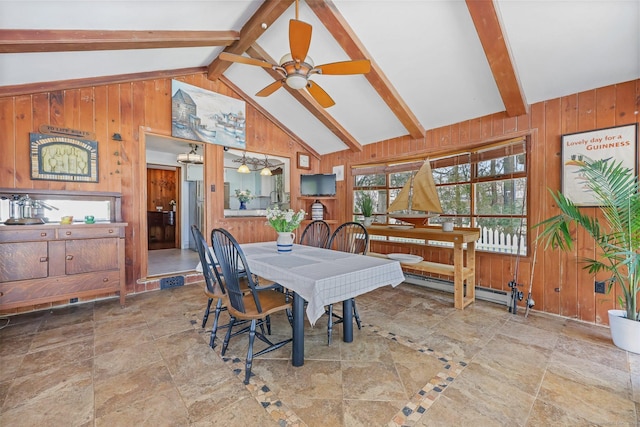 7 Ford Rd, Newtown, CT 06482 - dining area featuring wood walls, a ceiling fan, and stone finish flooring