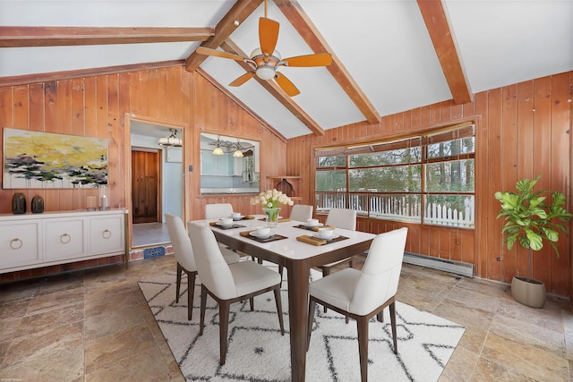 7 Ford Rd, Newtown, CT 06482 - dining area with wood walls, a baseboard heating unit, ceiling fan, and stone tile flooring