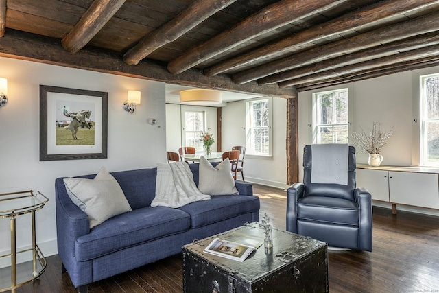 living area featuring wooden ceiling, beamed ceiling, dark wood finished floors, and plenty of natural light