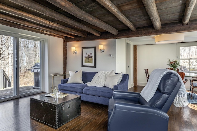 living room with dark wood-type flooring, wooden ceiling, and beam ceiling