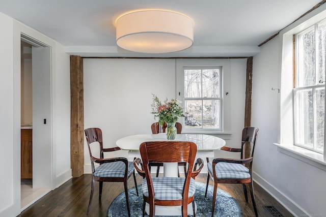 dining room with dark wood-style floors, baseboards, and visible vents