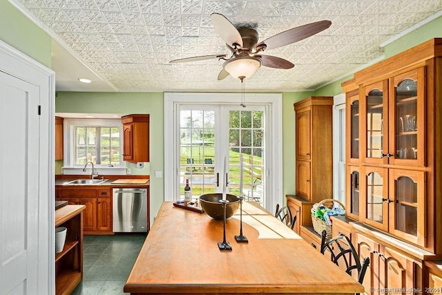 253 Tophet Rd, Roxbury, CT 06783 - dining room featuring an ornate ceiling, plenty of natural light, ceiling fan, french doors, and dark tile patterned floors