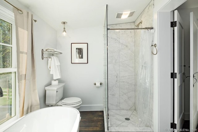 253 Tophet Rd, Roxbury, CT 06783 - bathroom featuring a soaking tub, a marble finish shower, and wood finished floors