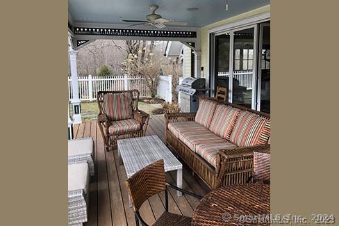 253 Tophet Rd, Roxbury, CT 06783 - wooden terrace featuring ceiling fan, grilling area, and an outdoor hangout area
