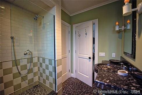 253 Tophet Rd, Roxbury, CT 06783 - full bathroom featuring a shower stall, crown molding, and vanity