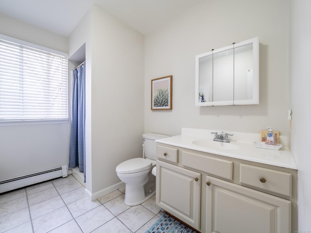 full bathroom featuring tile patterned floors, toilet, baseboard heating, a shower with shower curtain, and vanity