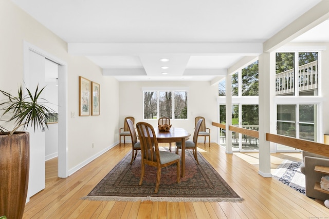 dining room with light wood finished floors and baseboards