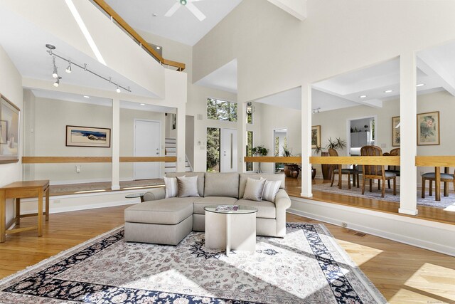 living area featuring baseboards, light wood finished floors, rail lighting, and a ceiling fan
