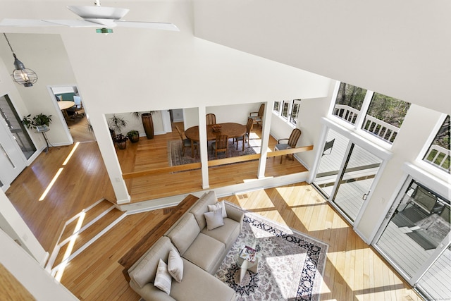 sunken living room featuring a high ceiling and wood finished floors