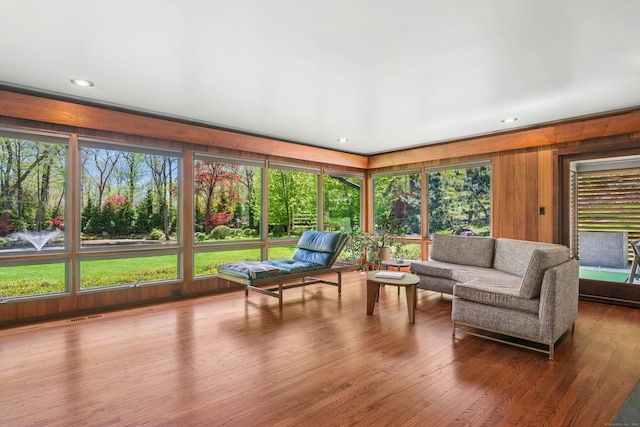 71 Boulderol Rd, Stamford, CT 06903 - sunroom / solarium featuring an outdoor hangout area, wood finished floors, wood walls, and recessed lighting