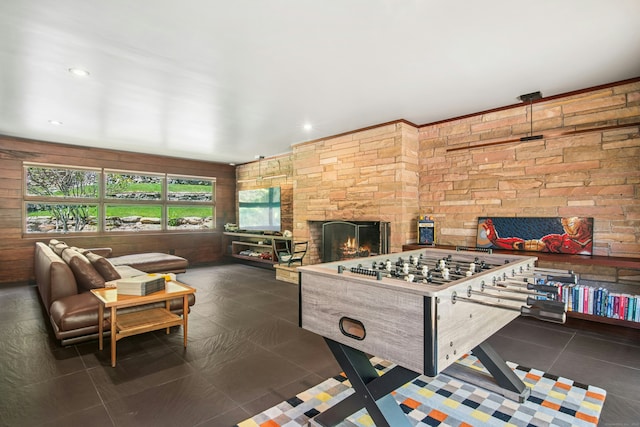 71 Boulderol Rd, Stamford, CT 06903 - rec room with a fireplace and recessed lighting