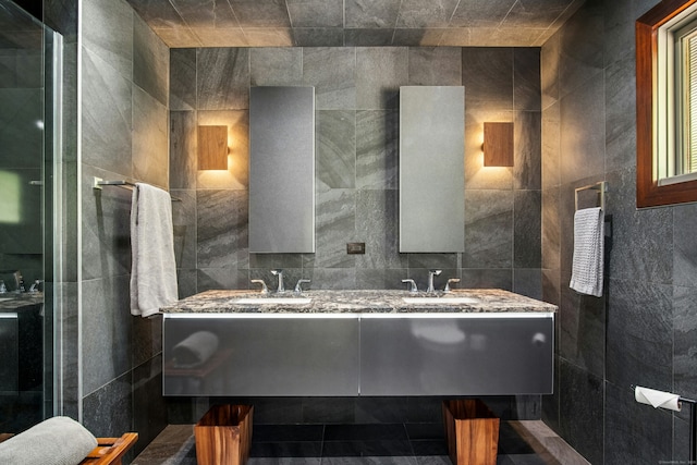 71 Boulderol Rd, Stamford, CT 06903 - full bathroom featuring tile walls, double vanity, an enclosed shower, and decorative backsplash