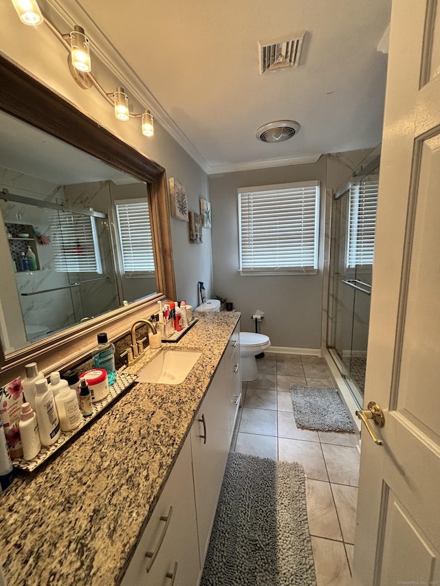 full bath with visible vents, ornamental molding, toilet, vanity, and tile patterned flooring