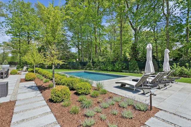 swimming pool featuring a patio area, fence, and view of scattered trees