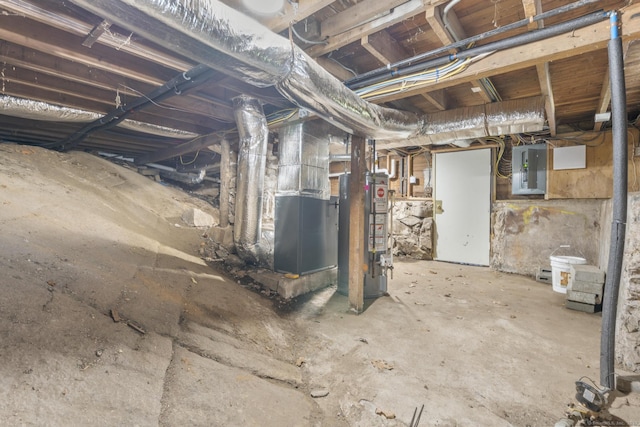 unfinished basement featuring heating unit, water heater, and electric panel