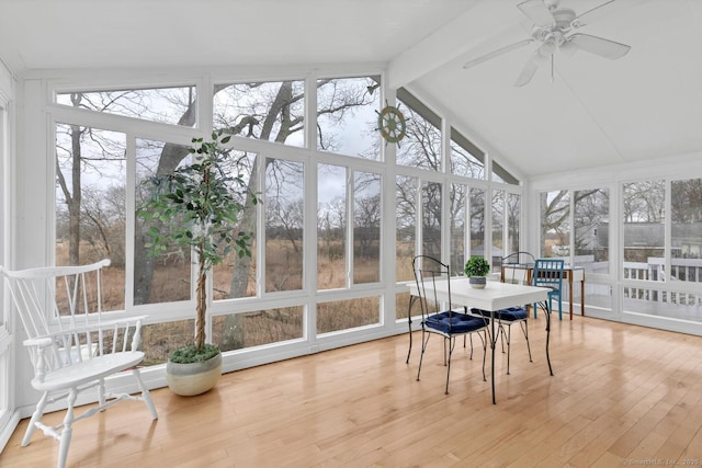 37 Woodland Dr, Old Saybrook, CT 06475 - sunroom with ceiling fan, beam ceiling, a deck, wood finished floors, and high vaulted ceiling