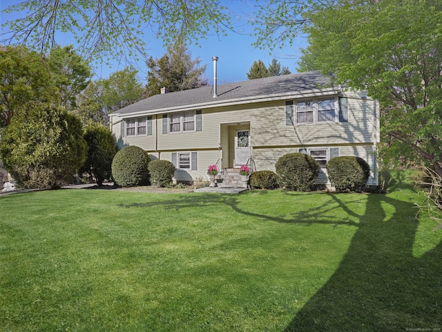 48 Meyer Pl, Greenwich, CT 06878 - bi-level home featuring a front yard and a chimney