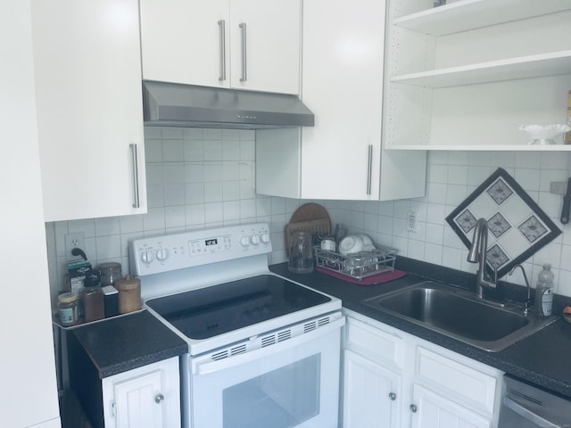 kitchen featuring white range with electric stovetop, open shelves, a sink, white cabinetry, and under cabinet range hood