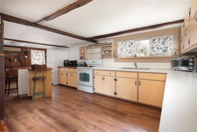 2 Perry St, Salisbury, CT 06039 - kitchen featuring white electric range oven, a sink, wood finished floors, open shelves, and light countertops