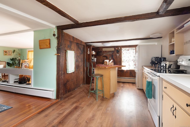 2 Perry St, Salisbury, CT 06039 - kitchen featuring white electric range oven, baseboard heating, a baseboard heating unit, light wood-style floors, and beamed ceiling