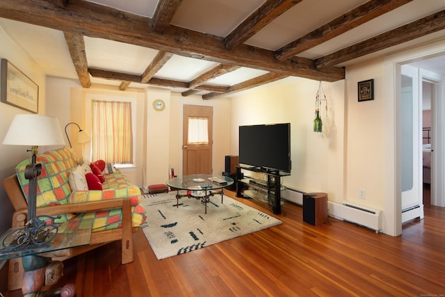 2 Perry St, Salisbury, CT 06039 - living area featuring wood finished floors, beam ceiling, and a baseboard heating unit