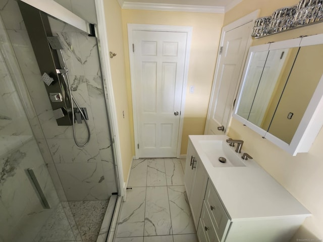 full bathroom with baseboards, vanity, marble finish floor, a marble finish shower, and ornamental molding