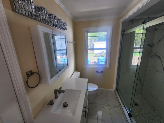 bathroom with ornamental molding, a marble finish shower, marble finish floor, and vanity