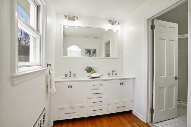 full bath featuring a sink, double vanity, and wood finished floors