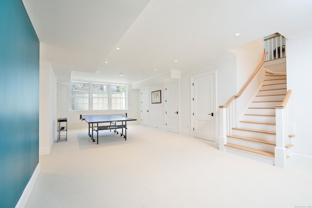 rec room with baseboards, carpet floors, and recessed lighting