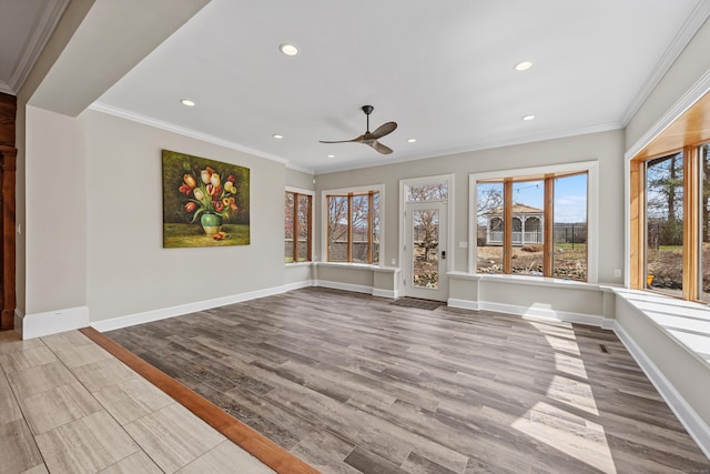 14 Turnberry Rd, Wallingford, CT 06492 - unfurnished room featuring ceiling fan, ornamental molding, wood finished floors, recessed lighting, and baseboards