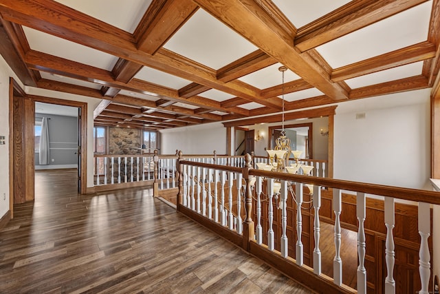 14 Turnberry Rd, Wallingford, CT 06492 - hallway with an upstairs landing, a chandelier, wood finished floors, healthy amount of natural light, and coffered ceiling
