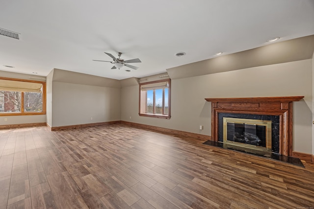14 Turnberry Rd, Wallingford, CT 06492 - unfurnished living room featuring ceiling fan, a high end fireplace, baseboards, wood finished floors, and recessed lighting