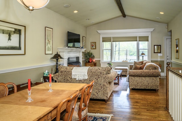128 S Kent Rd, Kent, CT 06785 - living area featuring a fireplace, recessed lighting, lofted ceiling with beams, and wood finished floors