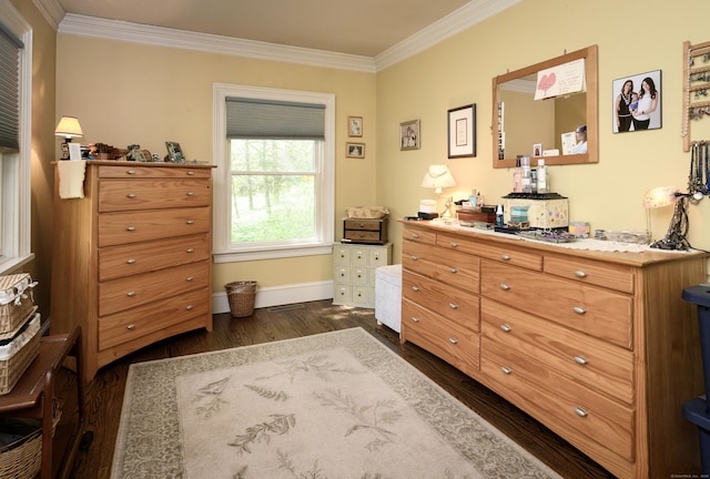 128 S Kent Rd, Kent, CT 06785 - bedroom with baseboards, ornamental molding, and dark wood-style floors