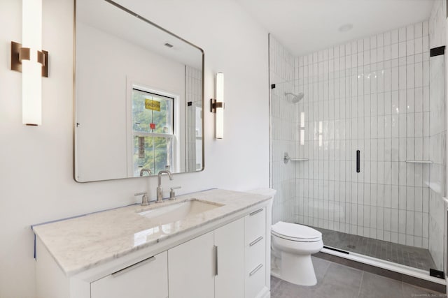 full bathroom with a shower stall, vanity, tile patterned flooring, and toilet
