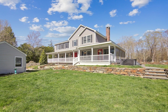 34 Kent Rd, Warren, CT 06754 - back of house with a chimney, a lawn, and a porch