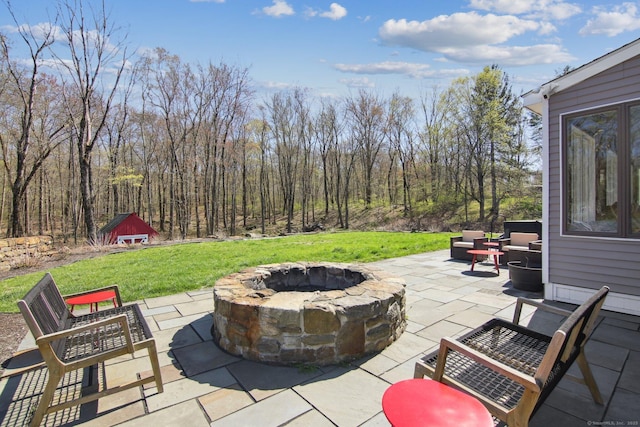 34 Kent Rd, Warren, CT 06754 - view of patio / terrace featuring an outdoor fire pit and an outdoor structure