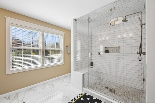34 Kent Rd, Warren, CT 06754 - full bath with marble finish floors, baseboards, and a stall shower