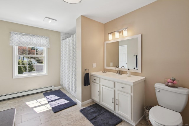 34 Kent Rd, Warren, CT 06754 - bathroom with a baseboard radiator, toilet, vanity, and a shower with curtain