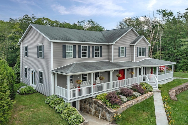 34 Kent Rd, Warren, CT 06754 - view of front facade with a porch, roof with shingles, and a front lawn