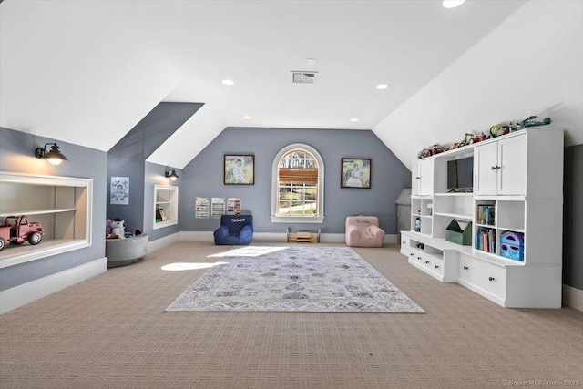 recreation room with visible vents, baseboards, carpet floors, recessed lighting, and vaulted ceiling