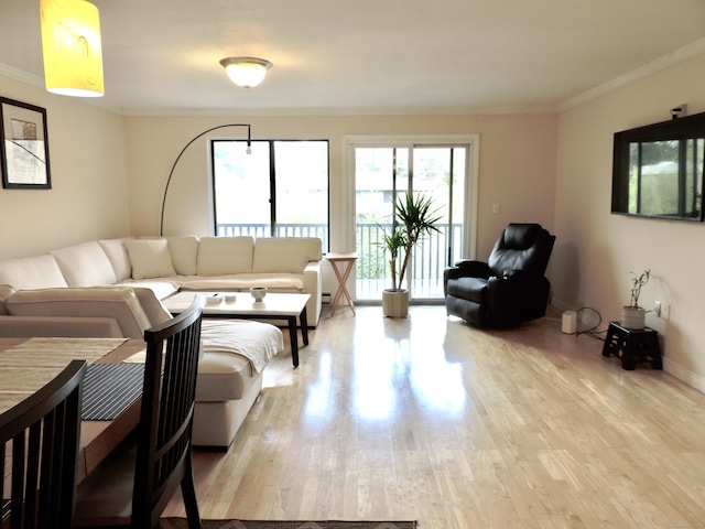 living room with ornamental molding, baseboards, and light wood-type flooring