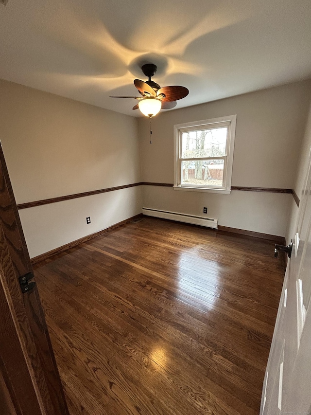 18 Nancy Dr, Enfield, CT 06082 - empty room with dark wood-type flooring, baseboard heating, baseboards, and ceiling fan