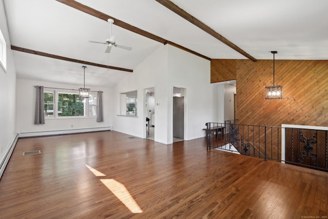 36 Musket Ridge Rd, New Fairfield, CT 06812 - unfurnished living room with baseboard heating, a chandelier, wood finished floors, a ceiling fan, and wood walls